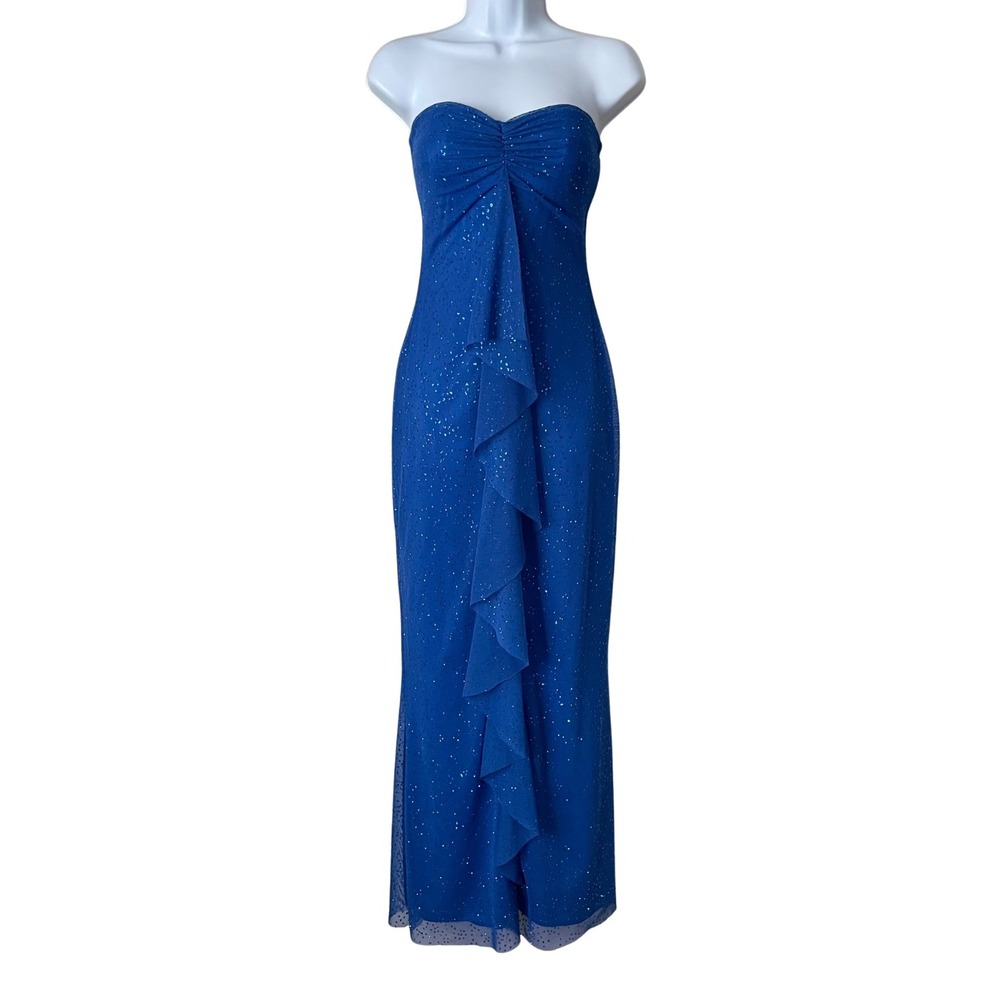 Jessica McClintock Gunne Sax‎ Vintage Glitter Strapless Ruffle Gown Dress Blue 1